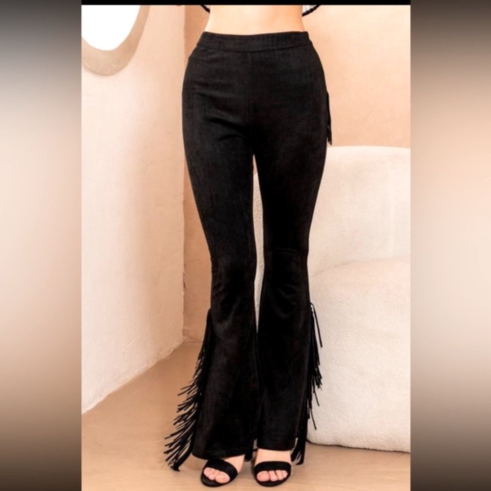 Faux Suede Fringe Leg and Back Bell Bottom